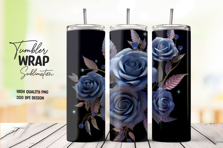Blue Rose Bouquet on Black 20oz Tumbler Wrap Sublimation PNG