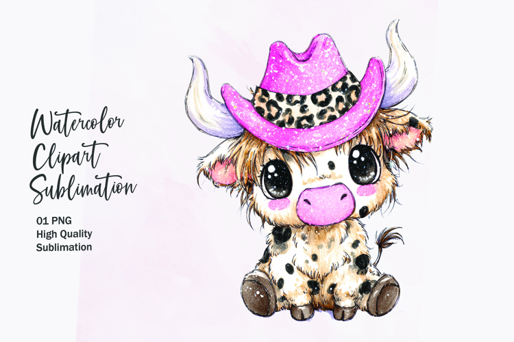 Baby Highland Cow with Bow Watercolor Clipart Sublimation