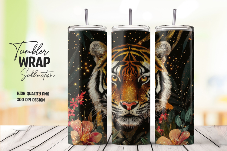 Tiger Floral Galaxy Tumbler Wrap PNG