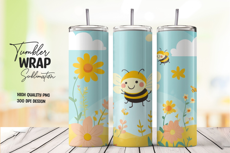 Happy Bee and Flowers Yellow Sky Tumbler Wrap PNG