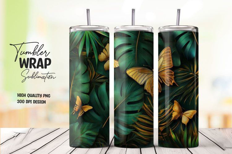 Tropical Butterfly Green Leaves Tumbler Wrap