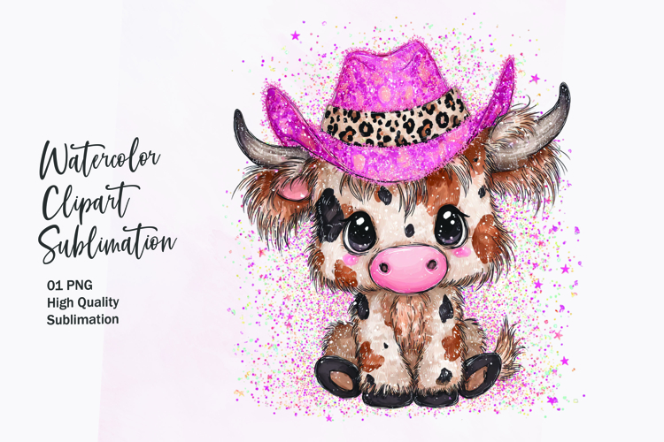 Baby Highland Cow with Bow Watercolor Clipart Sublimation