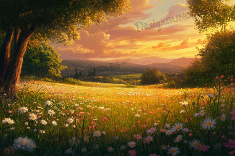 Golden sunset field with wildflowers digital scene