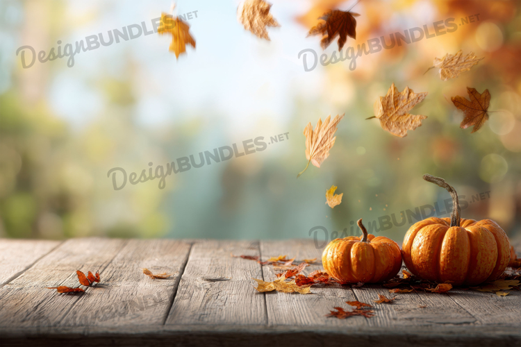 Pumpkins on Wooden Table with Falling Leaves Background
