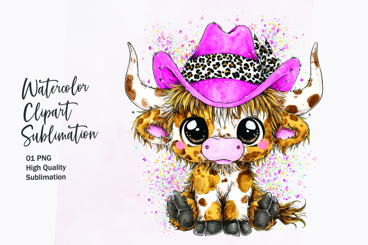Baby Highland Cow with Bow Watercolor Clipart Sublimation