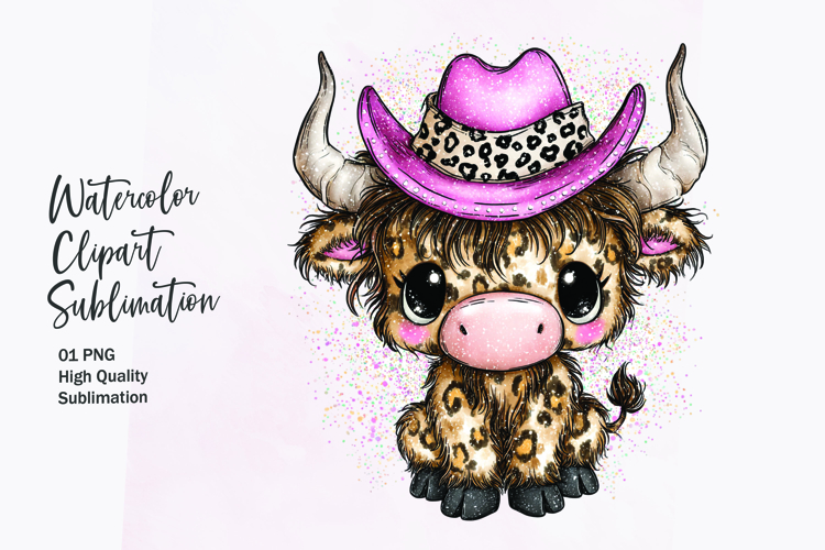 Baby Highland Cow with Bow Watercolor Clipart Sublimation