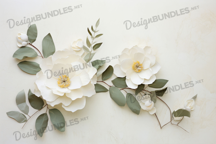 White florals with leafy stems on canvas texture