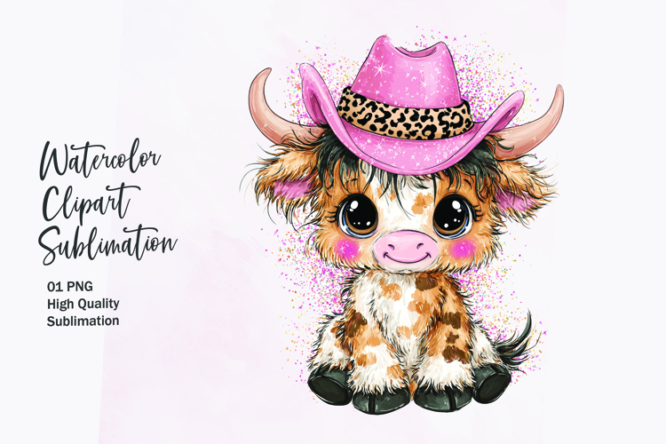 Baby Highland Cow with Bow Watercolor Clipart Sublimation