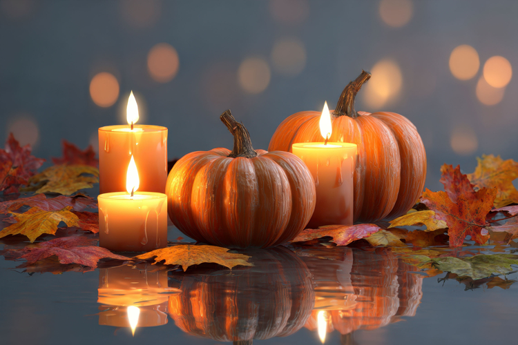 Pumpkins with Candles on Dark Autumn Background