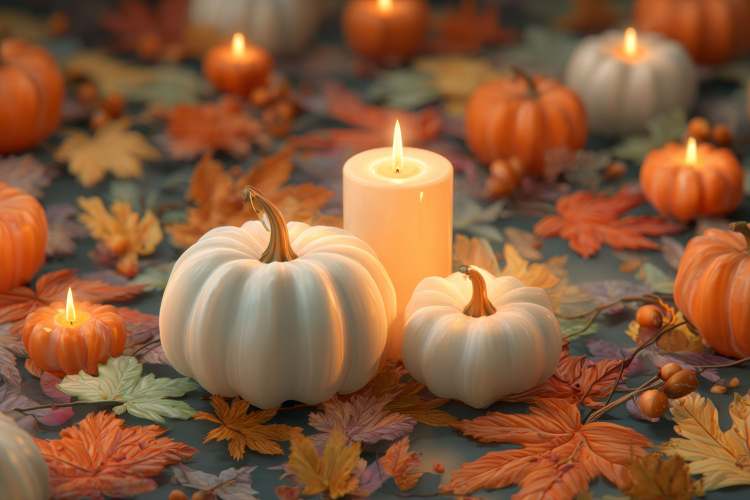 Pumpkins with Maple Leaves and Candles Autumn Background