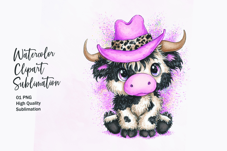 Baby Highland Cow with Bow Watercolor Clipart Sublimation
