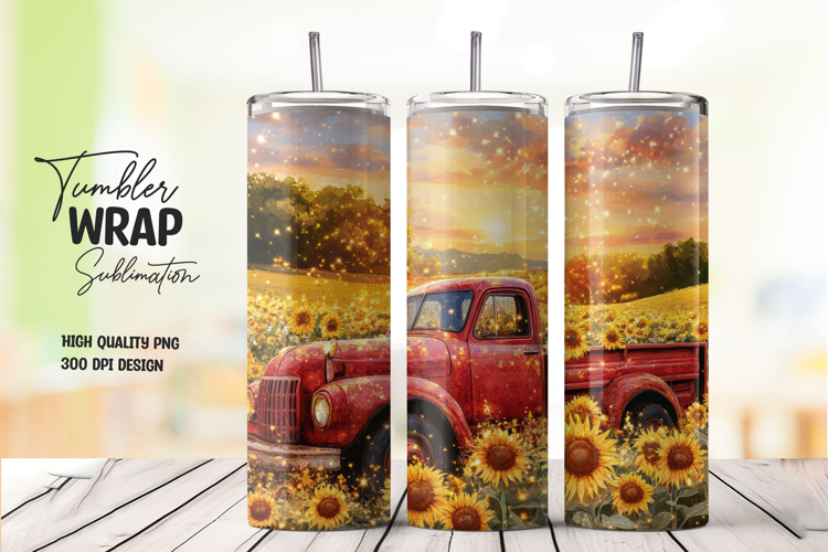 Red Pickup Truck in Sunflower Field Tumbler