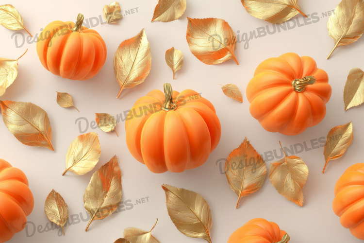 Pumpkins with Metallic Gold Autumn Leaves Background