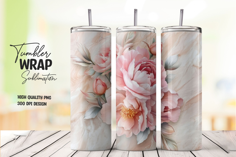 White Marble Pink Floral Bloom Tumbler Wrap
