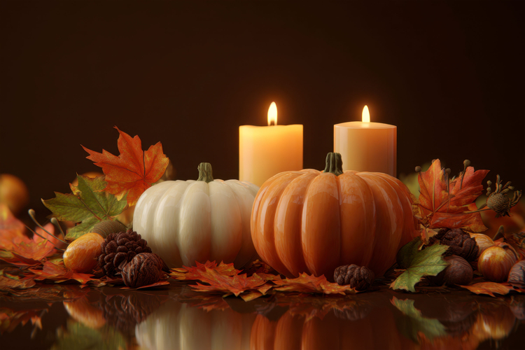 Pumpkins with Candles and Autumn Leaves Cozy Background