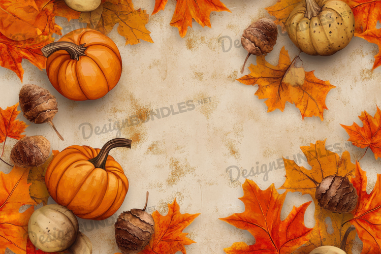 Pumpkins and Acorns with Autumn Leaves Background