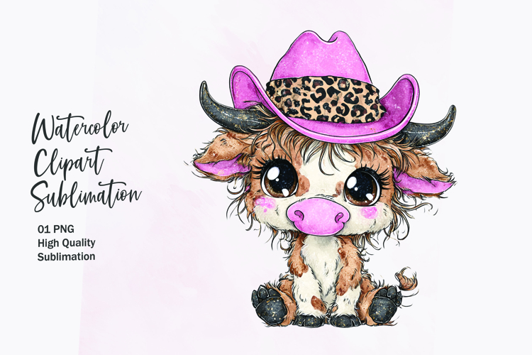 Baby Highland Cow with Bow Watercolor Clipart Sublimation