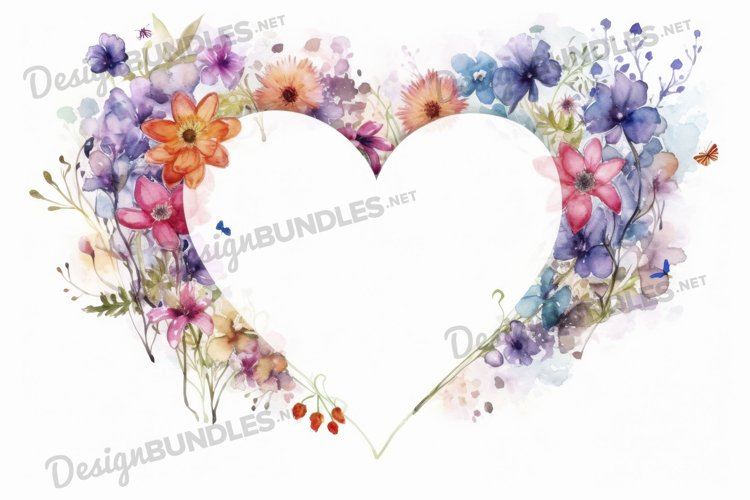 Watercolor floral heart frame flat lay background