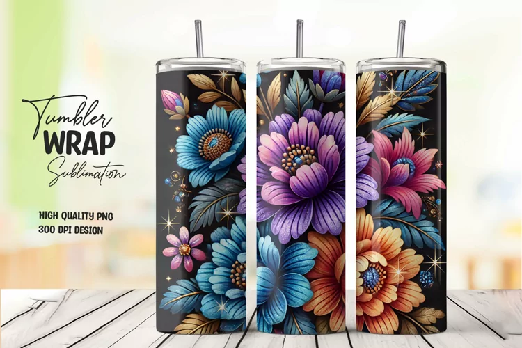 3D Flower tumbler wrap sublimation png
