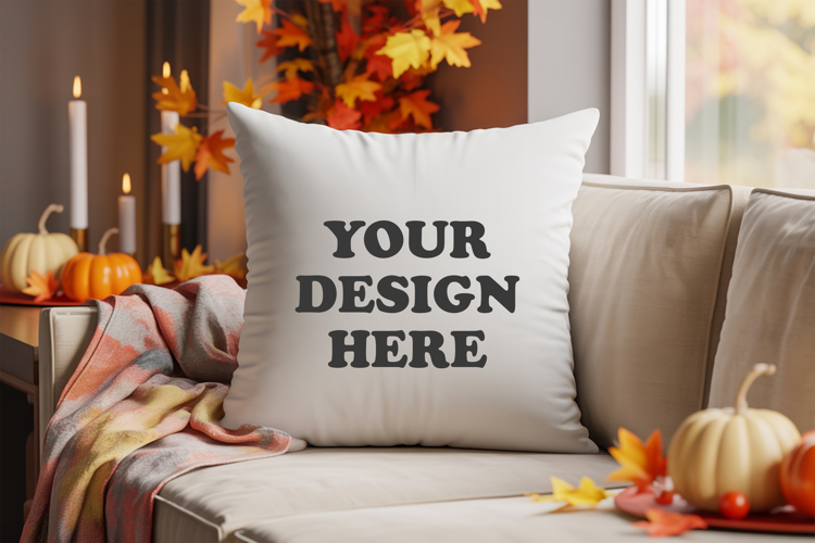 White pillow with Cozy Fall Decor mockup