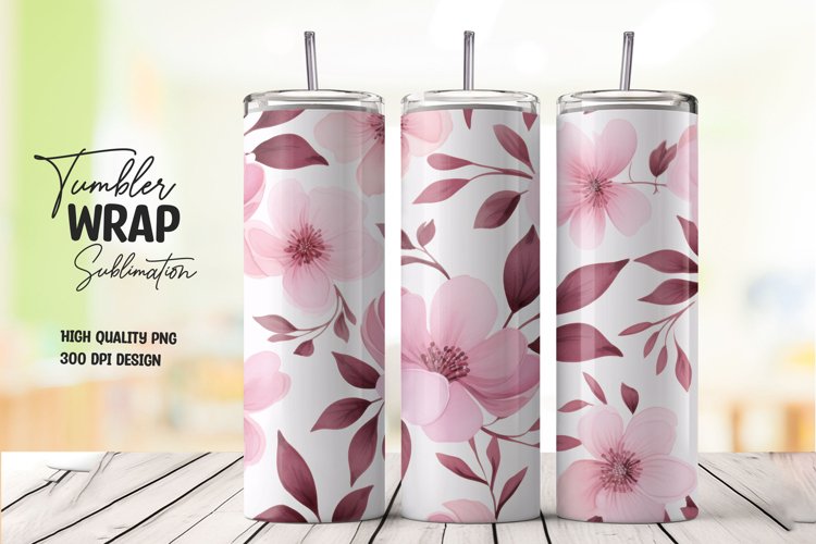 Watercolor pink flower pattern tumbler wrap sublimation example image 1