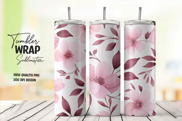 Watercolor pink flower pattern tumbler wrap sublimation
