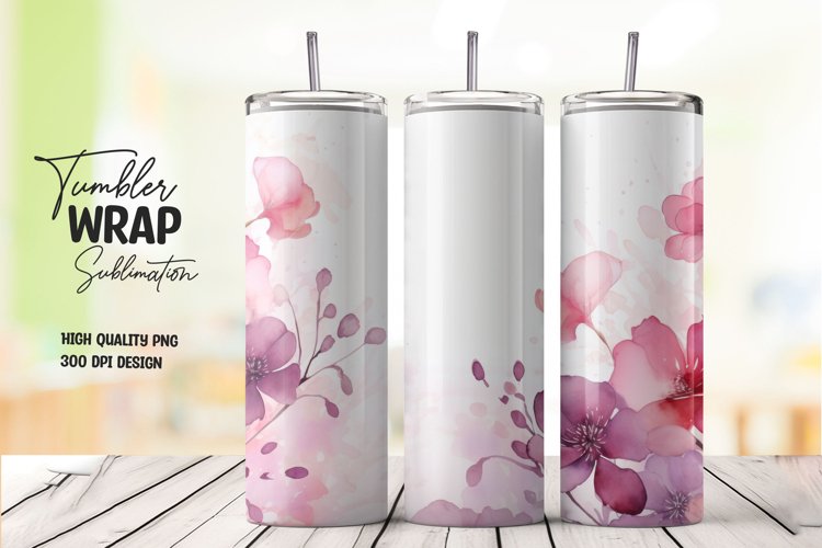 Watercolor pink flower pattern tumbler wrap sublimation example image 1