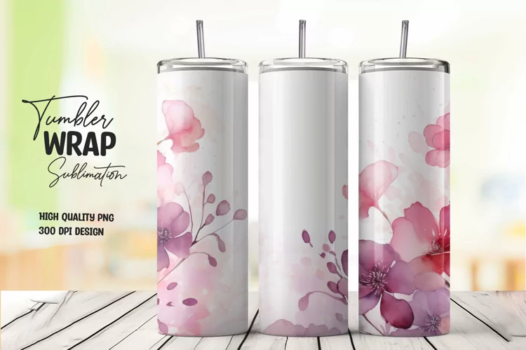 Watercolor pink flower pattern tumbler wrap sublimation