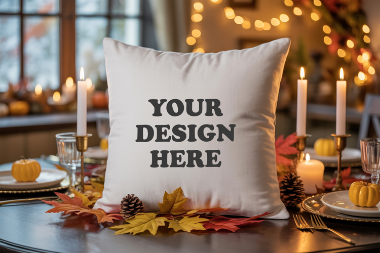 White pillow with Cozy Fall Decor mockup