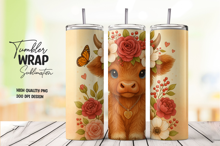 Cute Highland Cow Floral Tumbler Wrap Sublimation PNG