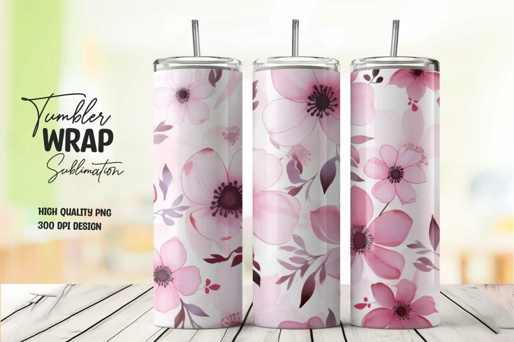 Watercolor pink flower pattern tumbler wrap sublimation