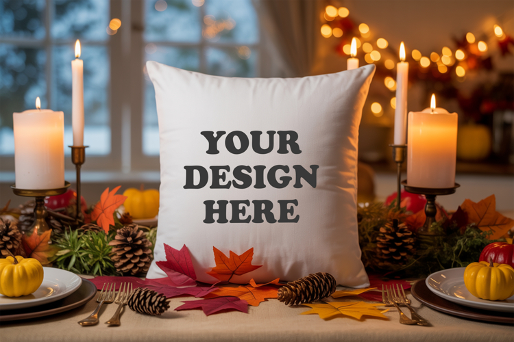 White pillow with Cozy Fall Decor mockup
