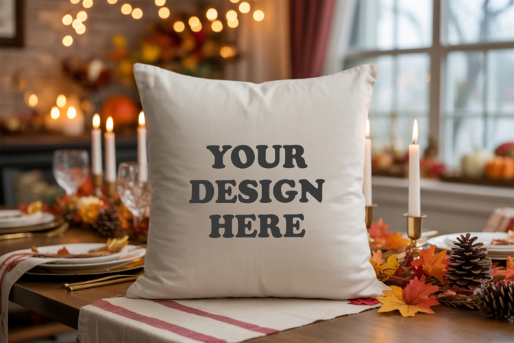 White pillow with Cozy Fall Decor mockup