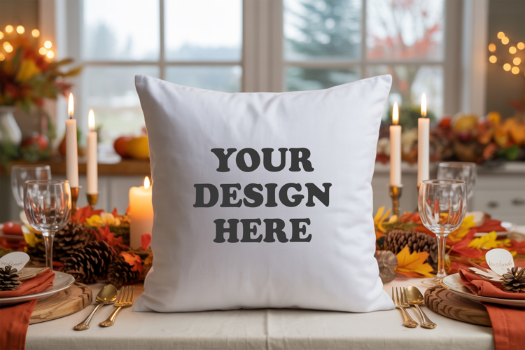 White pillow with Cozy Fall Decor mockup