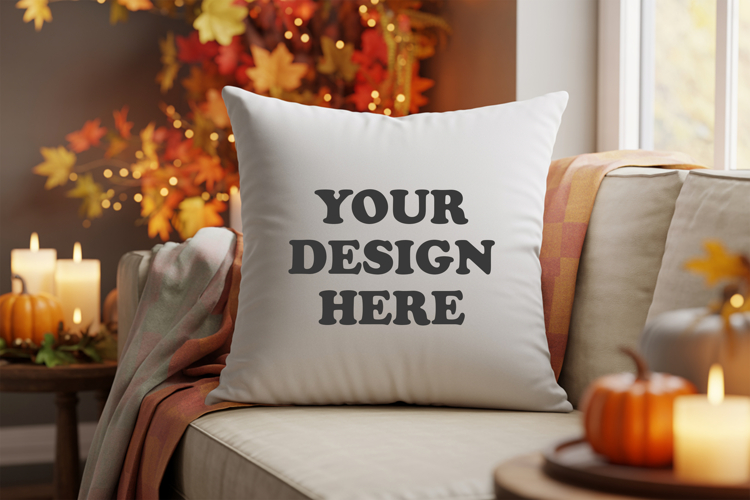 White pillow with Cozy Fall Decor mockup