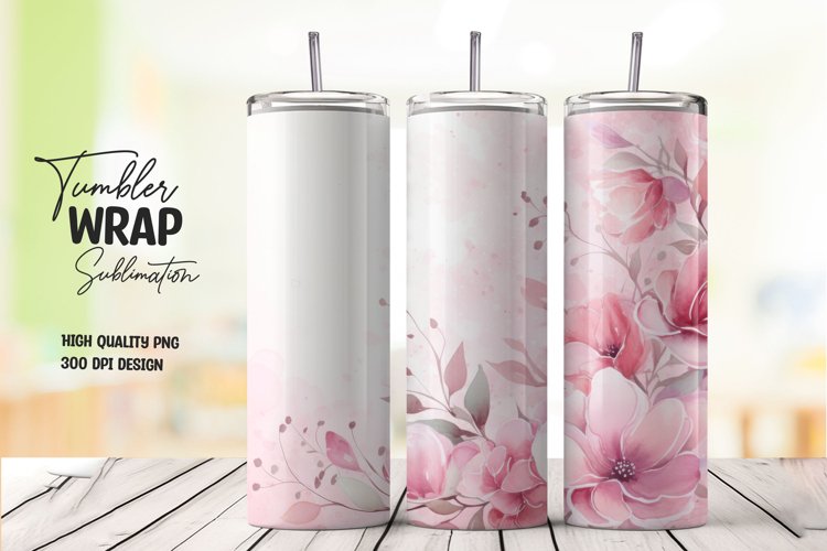 Watercolor pink flower pattern tumbler wrap sublimation example image 1