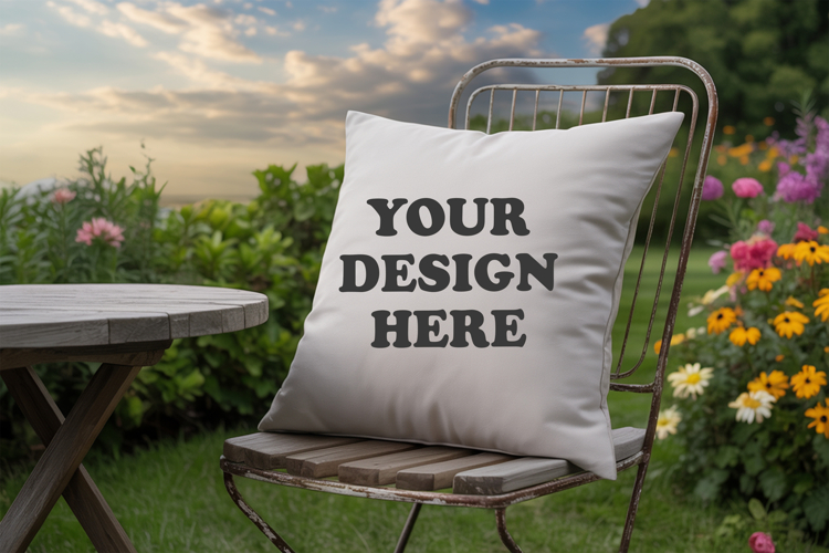 White pillow with Outdoor Garden background, pillow mockup