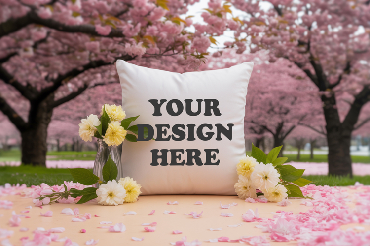 White pillow with Spring Blossom background, pillow mockup
