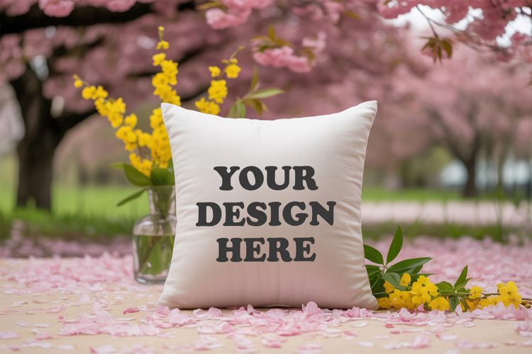 White pillow with Spring Blossom background, pillow mockup