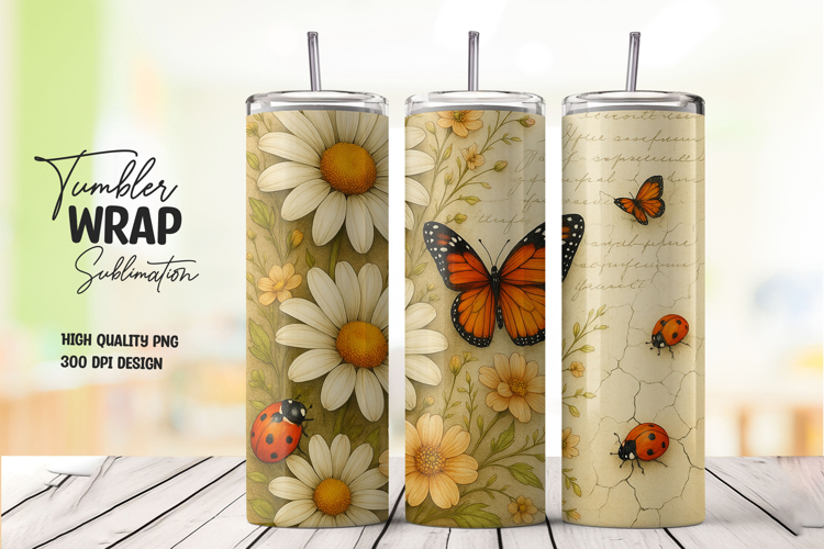 Daisy and Monarch Butterfly Tumbler Wrap PNG