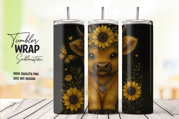 Cute Highland Cow Floral Tumbler Wrap Sublimation PNG