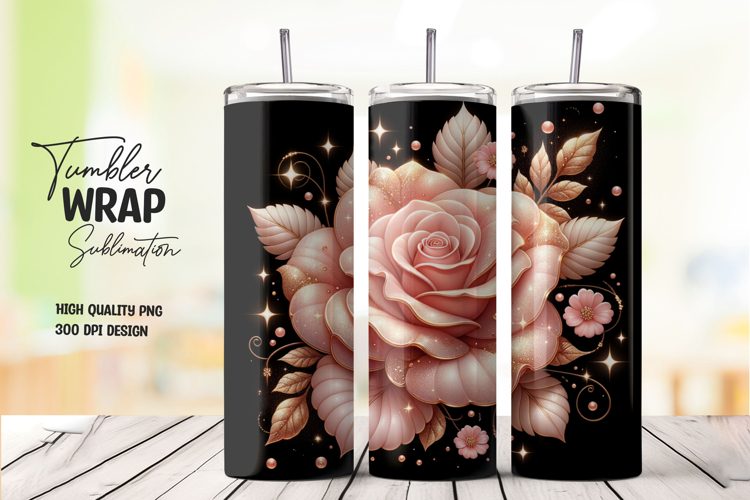 Elegant Blush Rose Floral Black Tumbler Wrap Sublimation