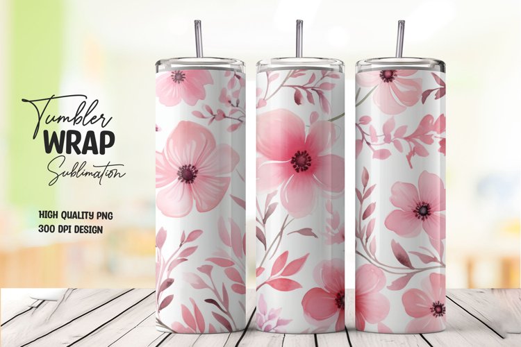 Watercolor pink flower pattern tumbler wrap sublimation example image 1