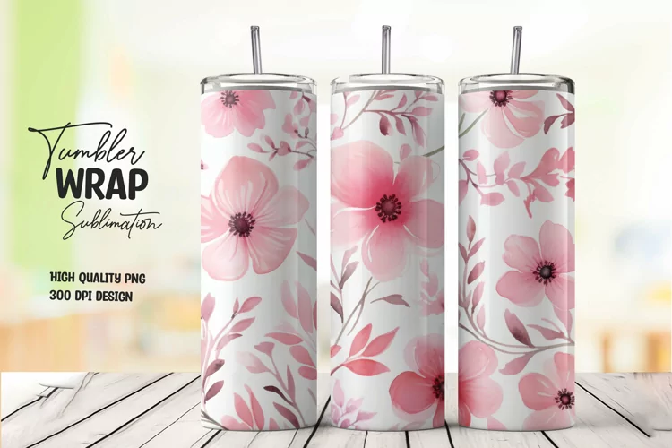 Watercolor pink flower pattern tumbler wrap sublimation