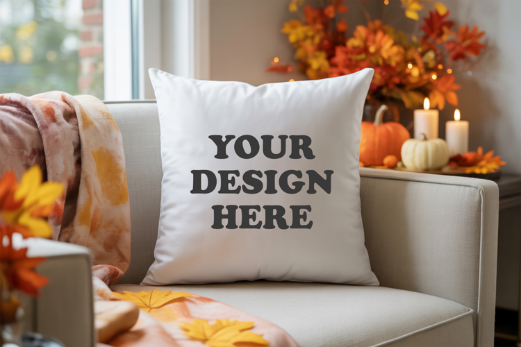 White pillow with Cozy Fall Decor mockup