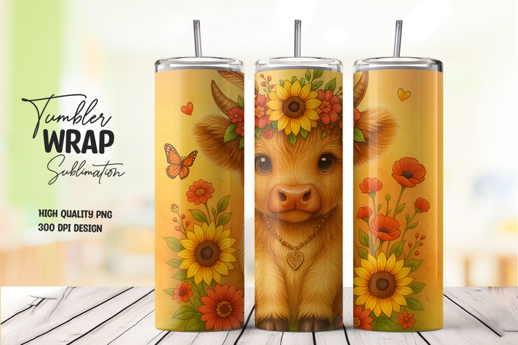 Cute Highland Cow Floral Tumbler Wrap Sublimation PNG