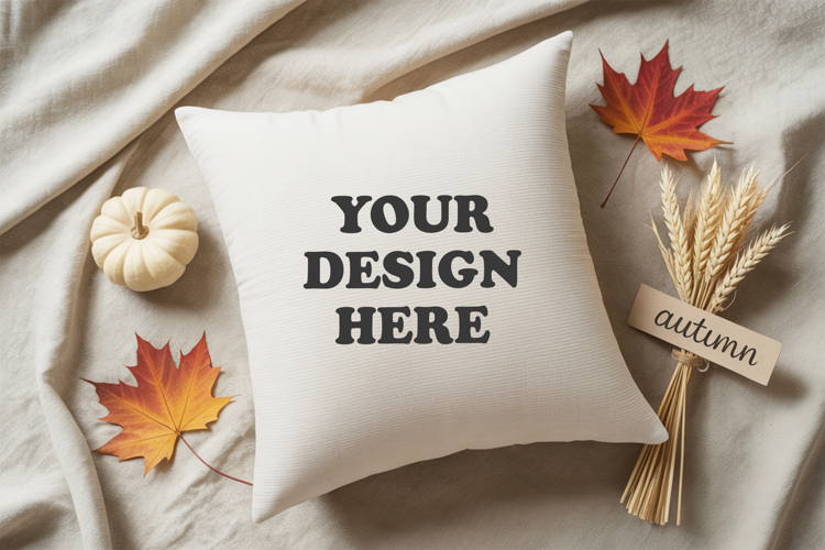 White pillow with Cozy Fall Decor mockup