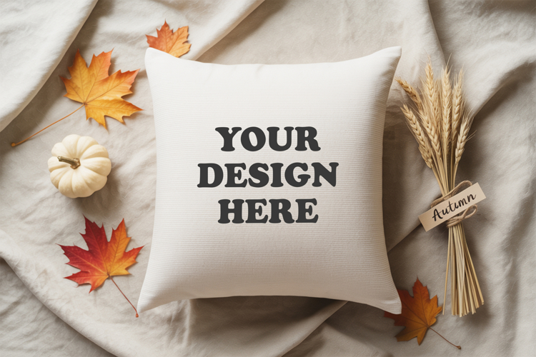 White pillow with Cozy Fall Decor mockup