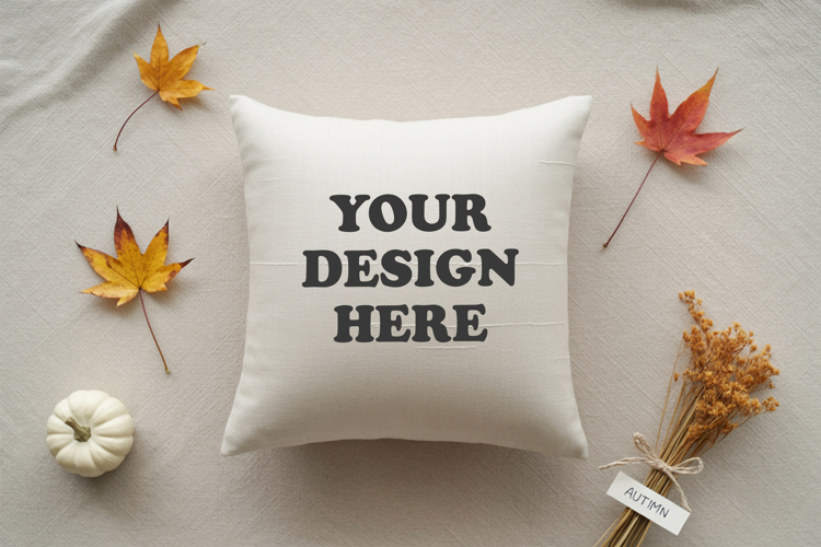 White pillow with Cozy Fall Decor mockup