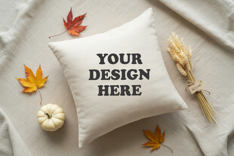 White pillow with Cozy Fall Decor mockup